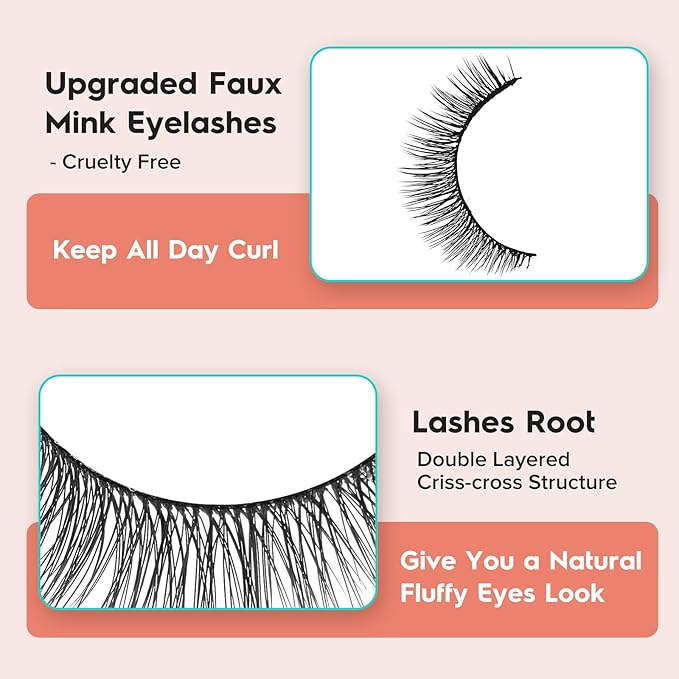 Natural Lashes 7MM Extra Short Eyelashes Natural Cat Eye Lashes 10 Pair False Eyelashes Wispy Eye Lashes Pack C Curl Strip Lashes 3D Volume Short Lashes Siligli Eyelashes-FemmiqueWomen