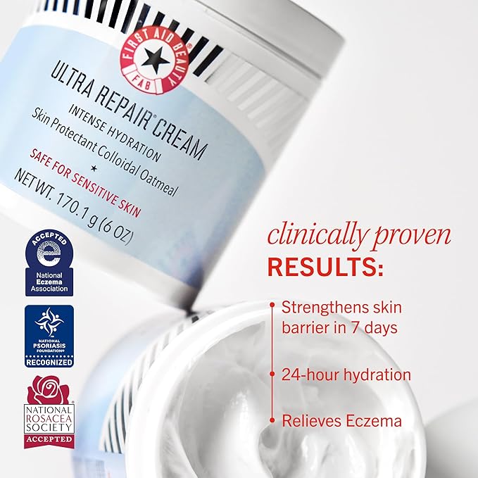 First Aid Beauty - Ultra Repair Cream, Intense Hydration Whipped Colloidal Oatmeal, Clinically Proven to Strengthen Skin Barrier in 7 Days & Helps Relieve Eczema, Luxury Face & Body Moisturizer, 8 oz-FemmiqueWomen