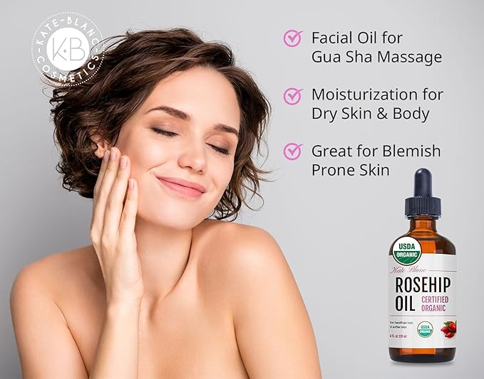 Kate Blanc Cosmetics Rosehip Oil for Face & Skin (4oz, Organic, Pure, Cold Pressed) Rosehip Seed Face Oil for Facial & Gua Sha Massage-FemmiqueWomen