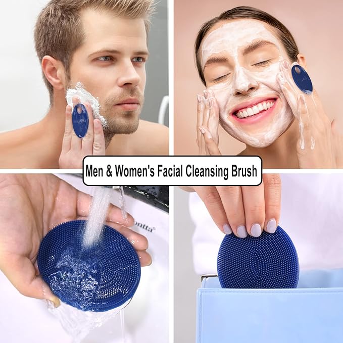 INNERNEED Silicone Face Exfoliating Brush Manual Handheld Facial Cleansing Scrubber Blackhead Remover, Food-Grade Soft Bristle (Dark Blue+Gray)-FemmiqueWomen