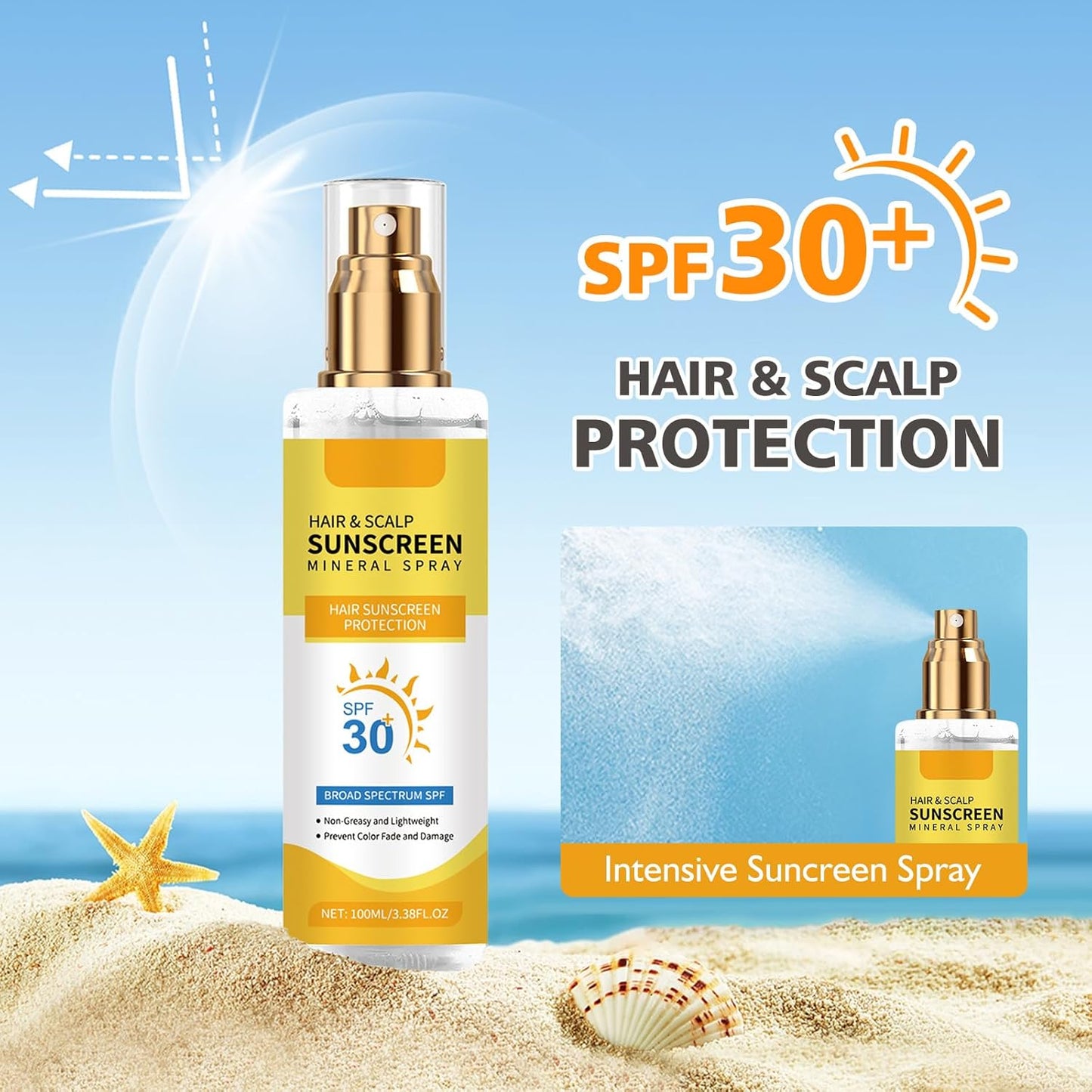 2PC Ultimate Hair & Scalp Sunscreen Spray SPF 30, Hair Sunscreen Spray UV Protection | Color-Lock UV Shield for Dyed/Highlighted | Beach & Pool Essentials | Defense Against Fade & Dryness-FemmiqueWomen