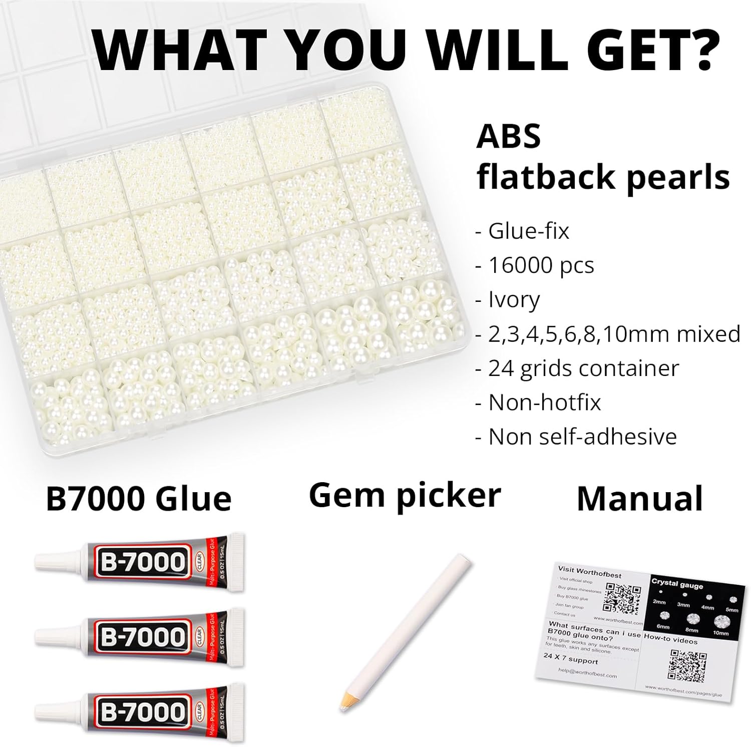 16000Pcs Flatback Pearls for Crafting, Ivory Flat Back Assorted Sizes 2/3/4/5/6/8/10mm Half Pearl Beads Bedazzling for Crafts Clothing Tumbler Shoes Wedding Gown Nails with B7000 Jewelry Making Glue-FemmiqueWomen