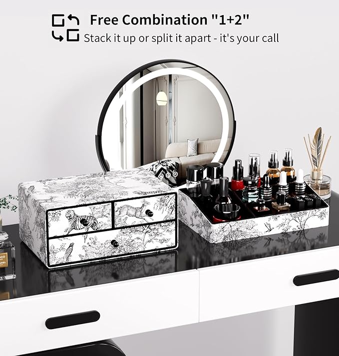 GORESE Leather Makeup Organizer with 3 Drawers for Vanity, Stackable Skincare Holder Dresser Organizer Countertop, Make Up Storage Organizers Counter Cosmetic Display Case Gift for Women(Retro Black)-FemmiqueWomen