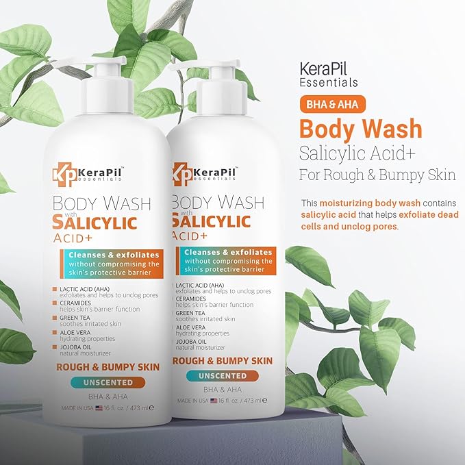 Salicylic Acid Body Wash - Skin Non-drying, Gentle Exfoliates Rough and Bumpy Skin, Body Acne Wash, BHA & AHA - Unscented Exfoliating Body Wash, Made in USA - (16 fl oz x 2)-FemmiqueWomen