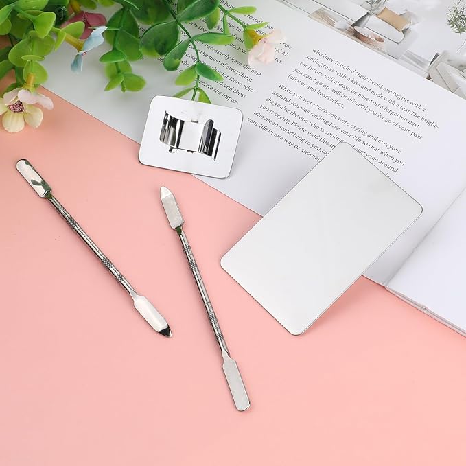 2 Pcs Stainless Steel Makeup Palette Makeup Spatula Palette with Foundation Spatula Professional Cosmetic Palette for Mixing Foundation Eye Shadow Nail DIY Art-FemmiqueWomen