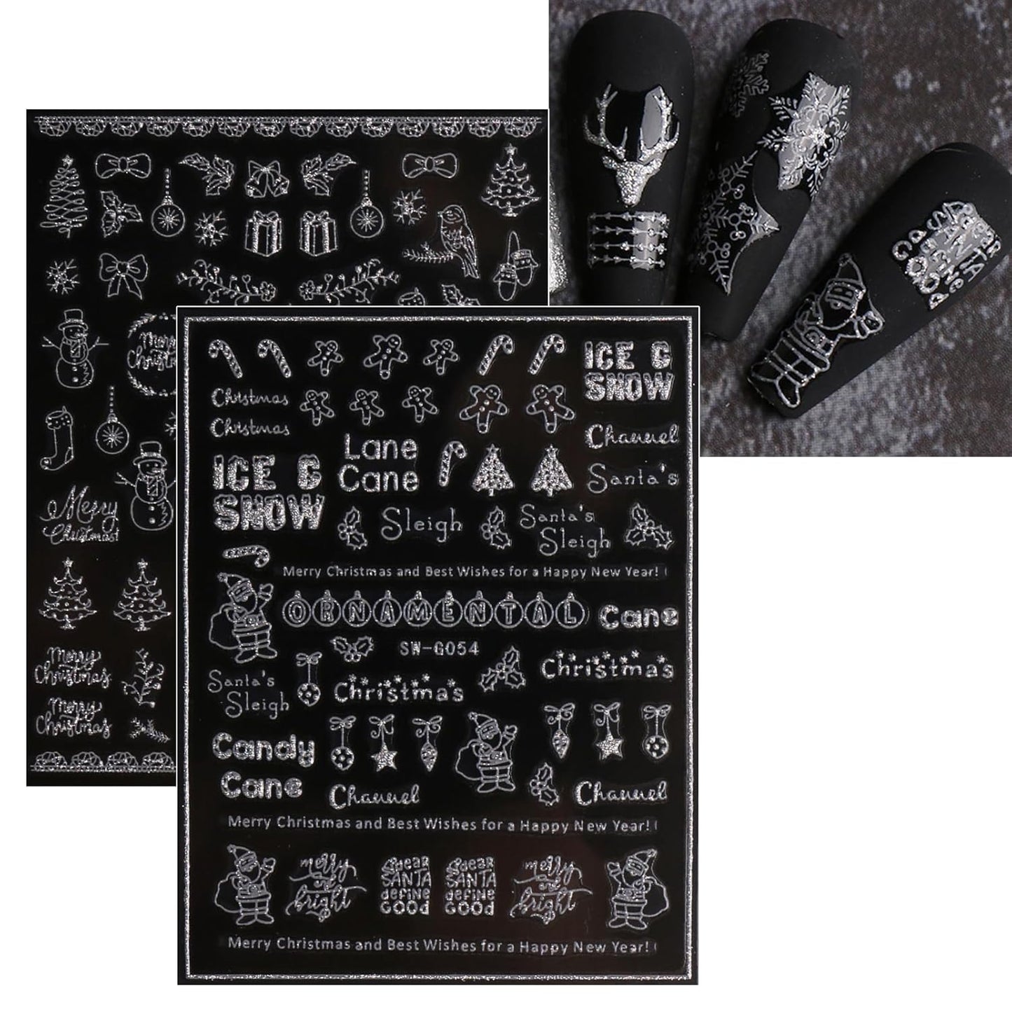 JMEOWIO 9 Sheets Christmas Glitter Nail Art Stickers Decals Self-Adhesive Snowflake Winter Holiday Silver Nail Supplies Nail Art Design Decoration Accessories-FemmiqueWomen