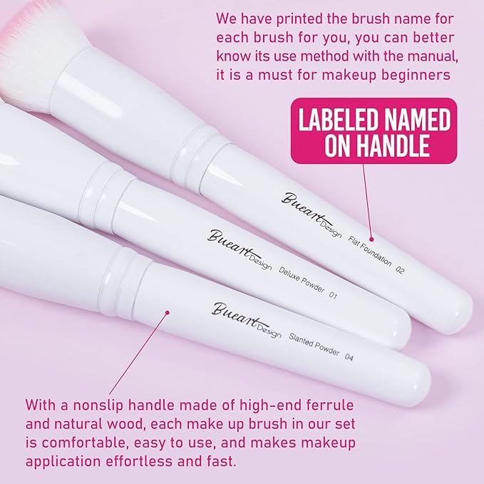 Bueart Design 16Pcs ULTRA SOFT labeled Makeup Brushes set with brush Holder face brush for Foundation Powder Blending Blush wooden Handle(16Pcs White+Pink Holder)-FemmiqueWomen