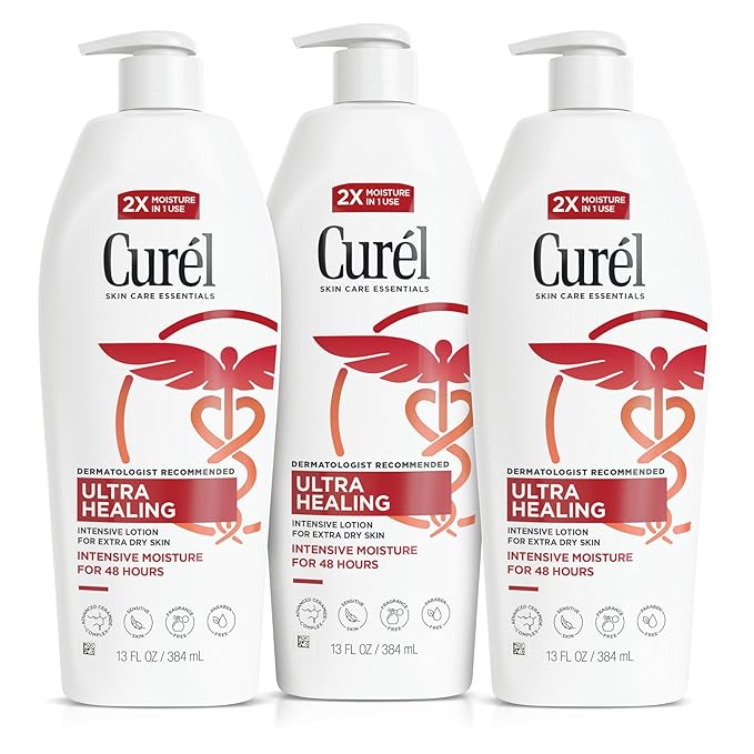 Curel Ultra Healing Intensive Fragrance-Free Lotion For Extra-Dry Skin, Dermatologist Recommended, Ideal for Sensitive Skin, Cruelty Free, Paraben Free, 13 Oz, Pack of 3-FemmiqueWomen