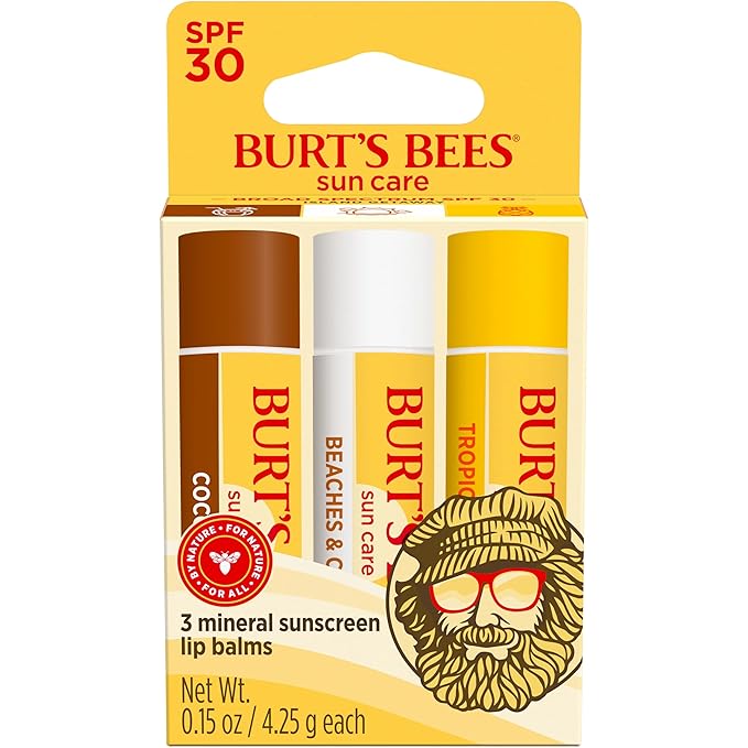 Burt’s Bees SPF 30 Lip Balm Mothers Day Gifts for Mom, Island Getaway - Coco Loco, Beaches & Cream, Tropic Like It's Hot, Water-Resistant Sun Care, Natural Origin Lip Treatment, 3 Tubes, 0.15 oz-FemmiqueWomen