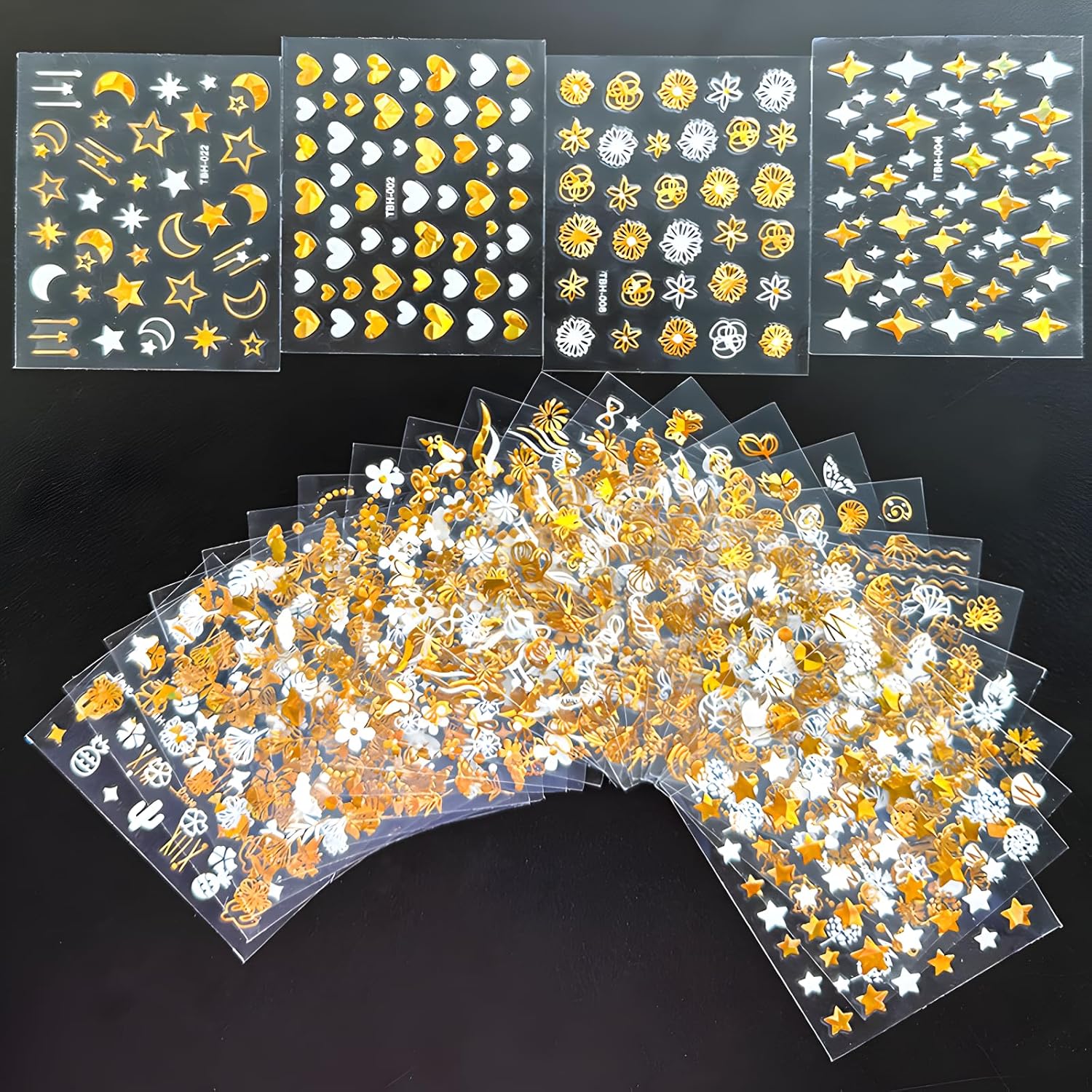 30 Sheets Gold Nail Art Stickers 3D Self Adhesive Star Nail Decals Gold Flower Nail Stickers for Nail Art Heart Snowflake Nail Art Design Decoration Accessories for Women and Girls, Style 2-FemmiqueWomen