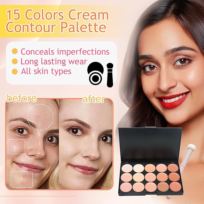 15 Colors Cream Contour Palette,Lightweight Concealer Full Coverage Contouring Liquid Foundation Palette,Multi-use Blendable Color Corrector Concealer Palette with Makeup Sponge-FemmiqueWomen