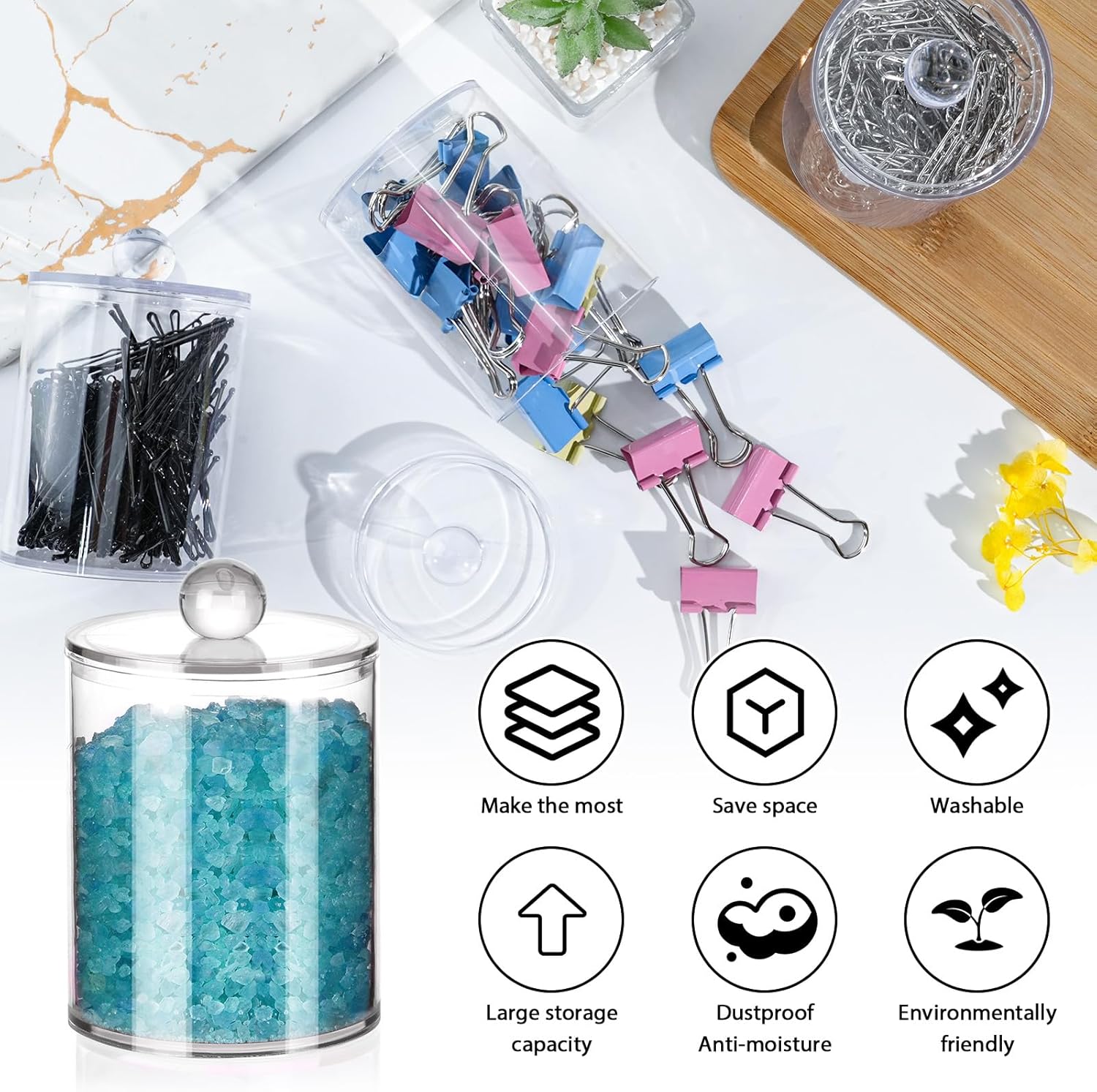 2 Pack Qtip Holder,Canister Apothecary Jar Set, Bathroom Jars with Lids Set for Cotton Swabs, Balls, Pads, Floss Picks,10oz-12oz Plastic Canisters Restroom Bedroom Vanity Organizer(Clear)-FemmiqueWomen