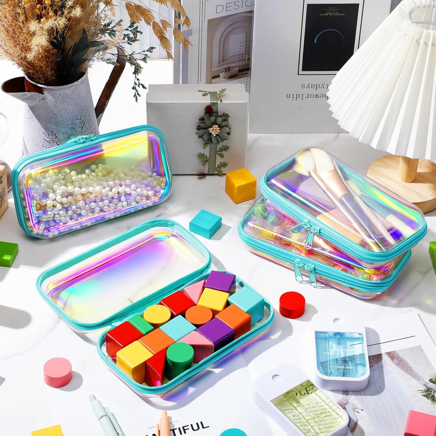 Hoolerry 4 Pcs Hard Clear Zipper Case Makeup Bags Plastic Pencil Pouch Transparent Storage Box Containers for Cosmetics, Snacks, Building Blocks, Puzzles(Blue Laser,7.5 x 3.9 x 2 in)-FemmiqueWomen