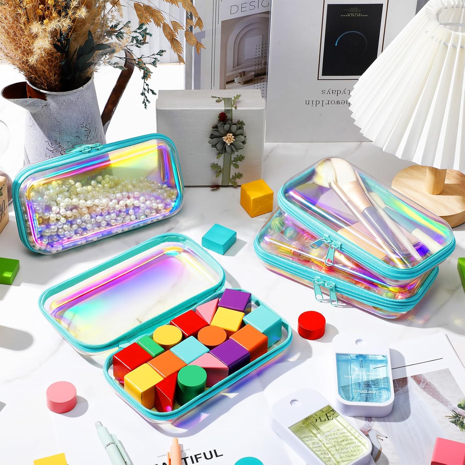 Hoolerry 4 Pcs Hard Clear Zipper Case Makeup Bags Plastic Pencil Pouch Transparent Storage Box Containers for Cosmetics, Snacks, Building Blocks, Puzzles(Blue Laser,7.5 x 3.9 x 2 in)-FemmiqueWomen