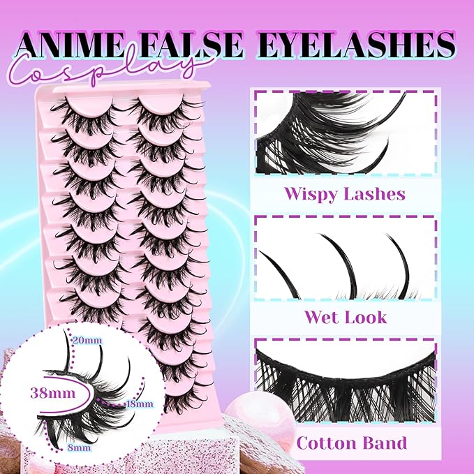 Losha Lashes Spiky Manga Lashes Wet Look Dramatic False Eyelashes 10 Pairs D Curl Cat Eye Lashes Kit with Lash Glue and Lash Tweezers Cosplay Anime Fake Eyelashes (Daring)-FemmiqueWomen