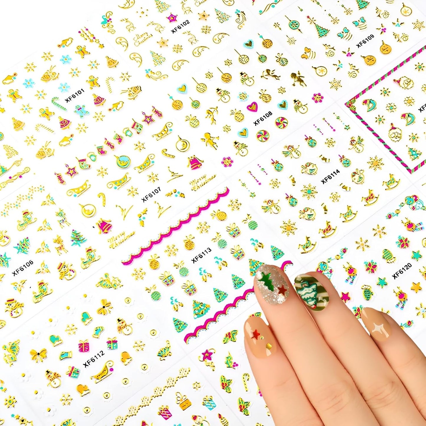 24 Sheets Christmas Nail Art Stickers Gold Snowflake Nail Decals 3D Self- Adhesive Pegatinas Uñas Snowman Elk Christmas Trees Nails Nail Supplies Nail Art Design Decoration Accessories for Women and G-FemmiqueWomen