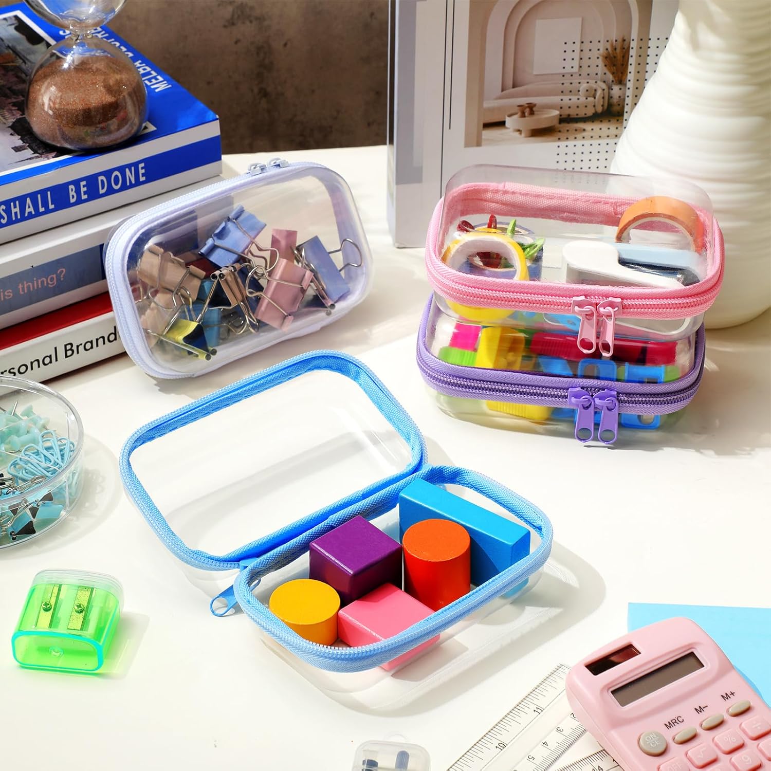 Hoolerry 4 Pcs Hard Clear Zipper Case Makeup Bags Plastic Pencil Pouch Transparent Storage Box Containers for Cosmetics, Snacks, Building Blocks, Puzzles(Multicolor,5 x 3 x 2 in)-FemmiqueWomen