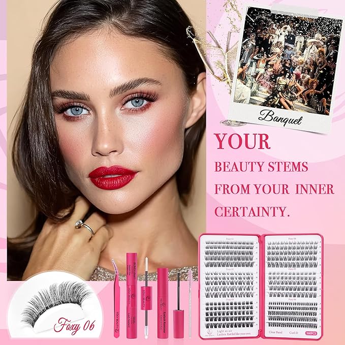 Nova Lash Clusters Kit - 360 pcs Lash Clusters Natural Look Invisible Band Eyelash Clusters Lash Extension Kit with Bond and Seal 0.07D D Curl WideSpan Cluster Eyelash Extension Kit 8-16mm DIY at Home-FemmiqueWomen
