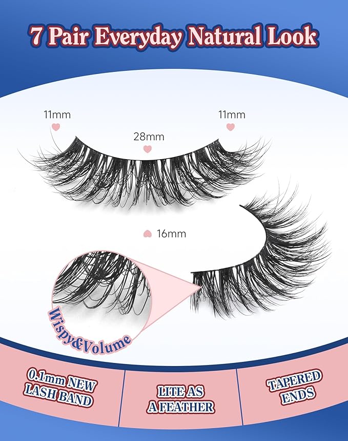 Lashes Volume False Eyelashes Wispy Natural Look Everyday Flared Strip EyeLash Fluffy Lash Long Soft Round-Eye Pack 16MM 7 Pairs D89-FemmiqueWomen