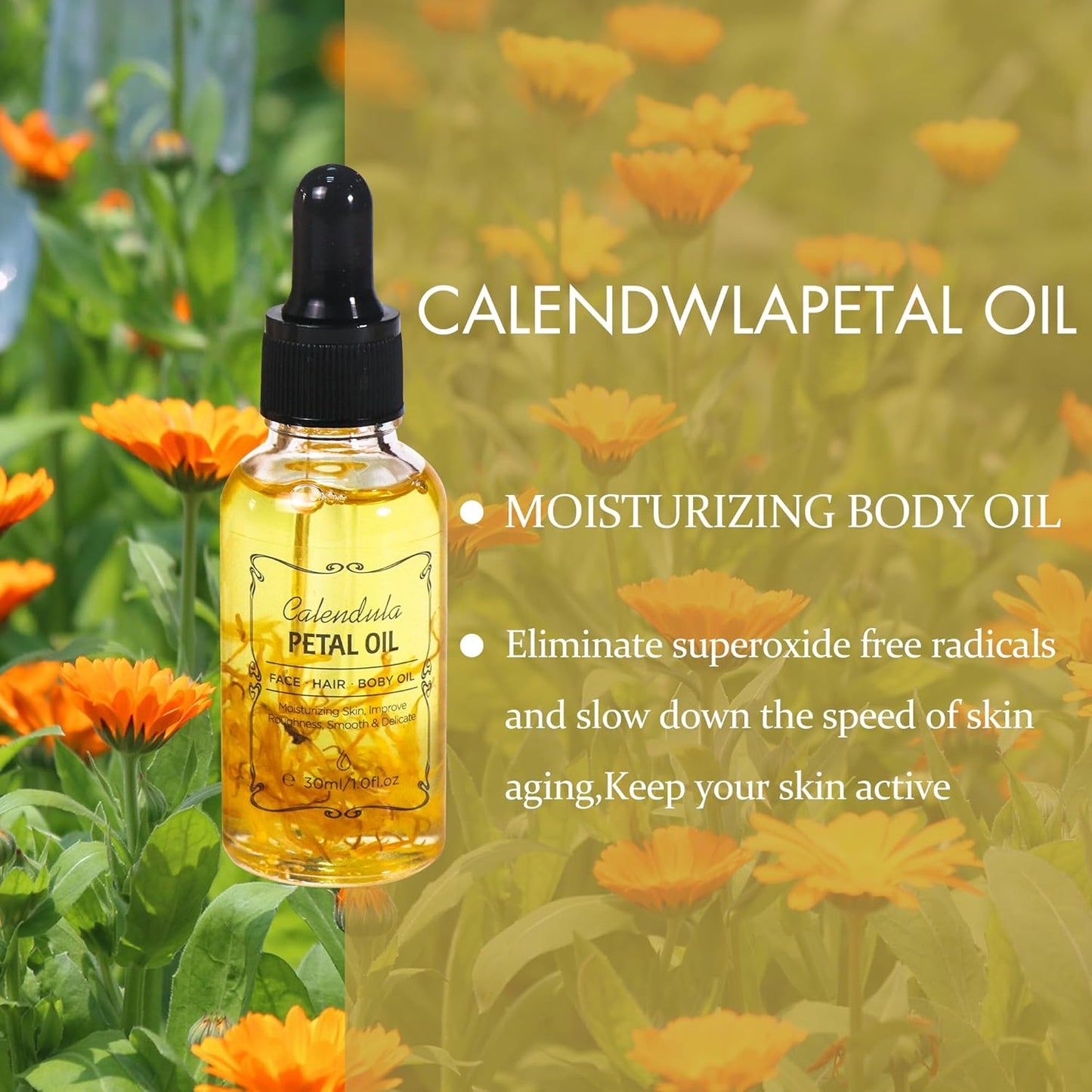 Calendula Essential Oil with Flower Petal, Sunflower Seed, Olive Fruit Natural Massage Oils for Nails, Hair, Body, Face Moisturizing Skincare Oil Serum Dry Hair Strengthening Treatment All Types 30ml-FemmiqueWomen