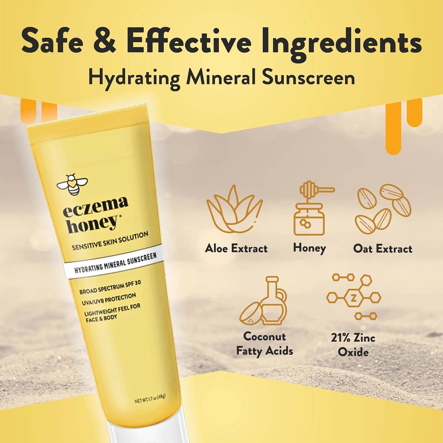 Eczema Honey Hydrating Mineral Sunscreen - Lightweight SPF 30 Sun Cream - Body & Face Sunscreen for All Ages (1.7 Oz)-FemmiqueWomen