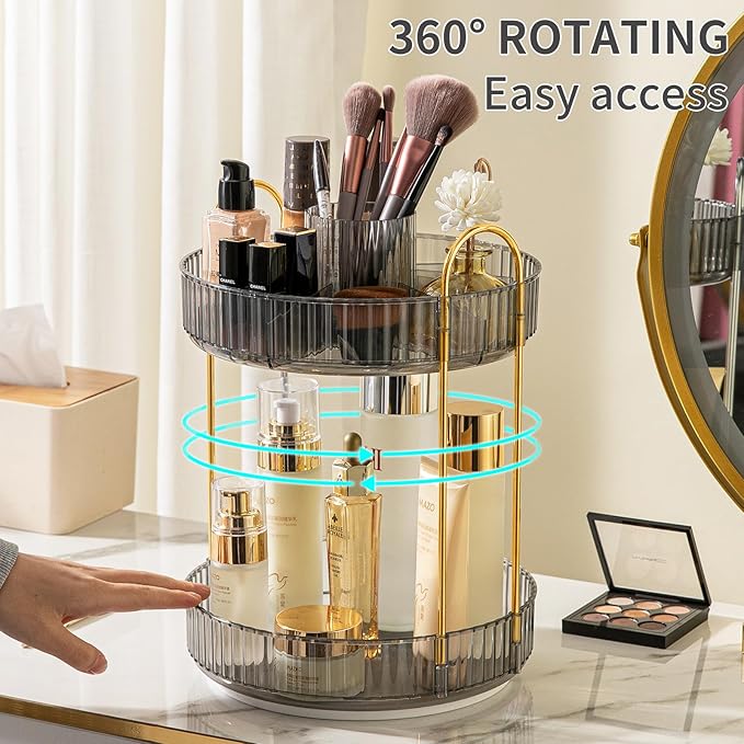 360° Rotating Makeup Organizer, Large-Capacity Skincare Make Up Storage 2 Tier Perfume Organizers Cosmetic Dresser Organizer with Makeup Brush Holder, Fits Bedroom, Bathroom, Vanity Shelf Countertop-FemmiqueWomen