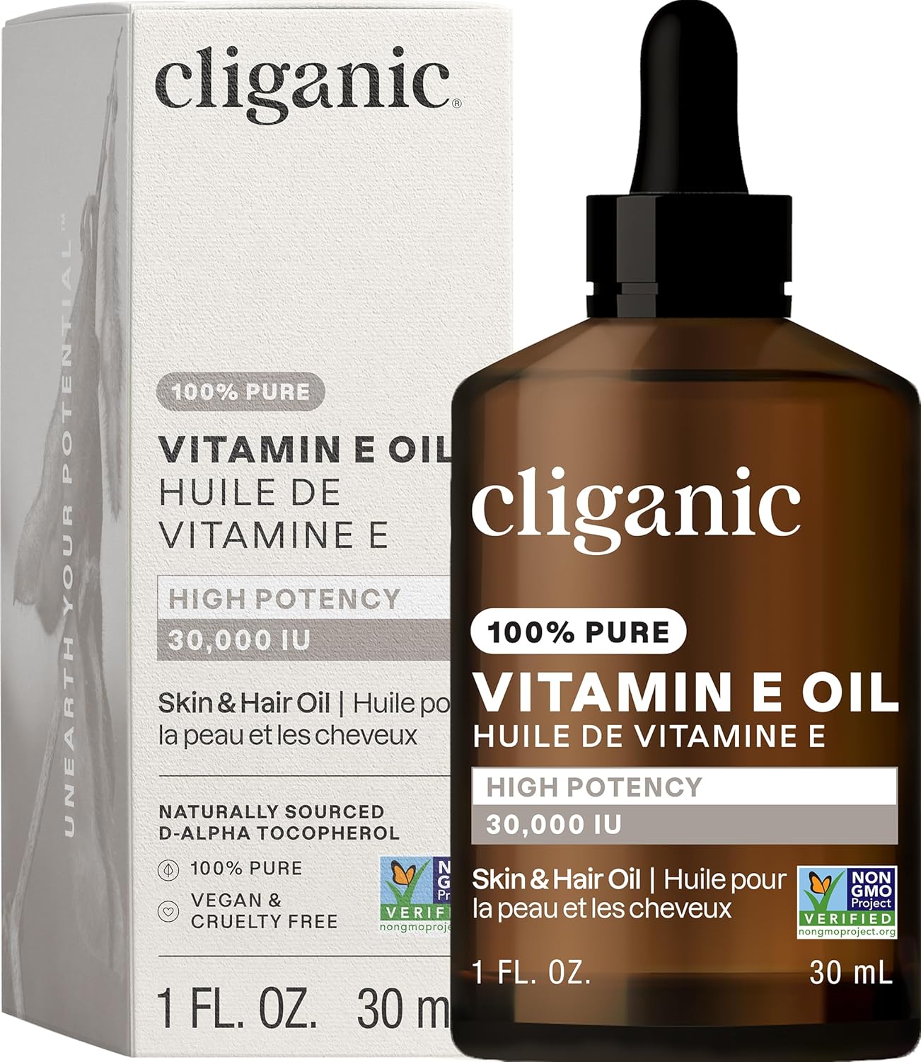 Cliganic Pure Vitamin E Oil for Skin, Scars, Hair & Face - 30,000 IU, Non-GMO Verified | Natural D-Alpha Tocopherol-FemmiqueWomen