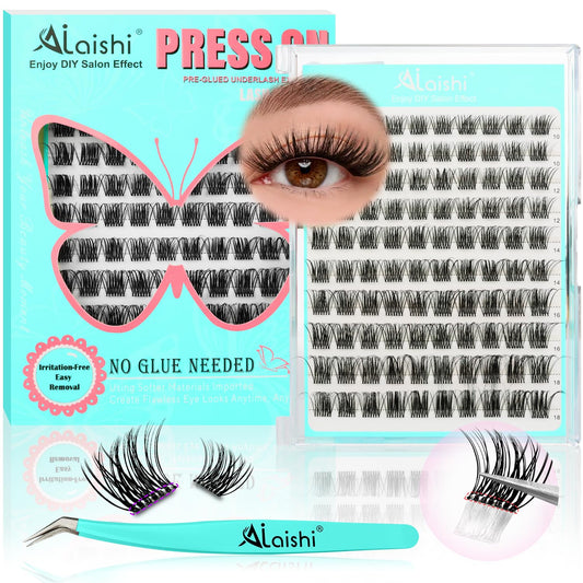 No Glue Needed Lashes, Self Adhesive Eyelashes, DIY Lash Eyelash Extensions Kit 10‑18mm,100pcs Fluffy D Curl Soft Natural Lashes with Tweezers–Fake Cat Eye Wispy Individual Clusters NG2031-1-FemmiqueWomen