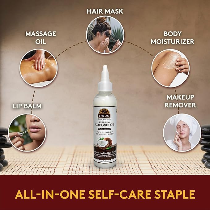 Okay 100% Pure Coconut Oil for Hair & Skin - Coconut Oil for Women & Men, Perfect for Hair & Body, for Massage & Moisturizer, Natural - 4 fl oz Squeeze Bottle (Pack of 1)-FemmiqueWomen