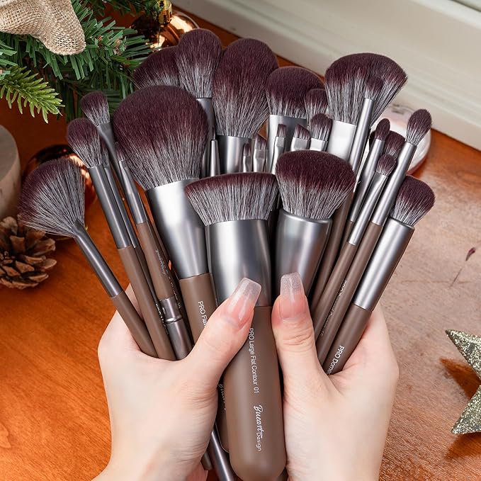 Bueart Design 26 Pcs Chocolate-colored Gift Makeup Brushes Set with Extra Large Holder,Elegant Make up Brushes for Foundation,Face Blending Powder, Contour, Highlight, Concealer, Eyeshadow-FemmiqueWomen