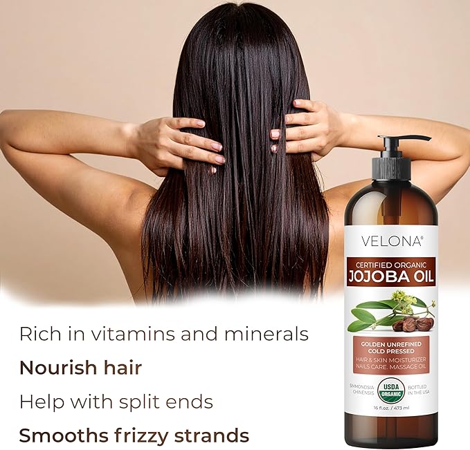 velona Jojoba Oil USDA Certified Organic - 16 fl oz (With Pump) | 100% Pure and Natural | Golden, Unrefined, Cold Pressed, Hexane Free | Moisturizing Face, Hair, Body, Skin Care-FemmiqueWomen