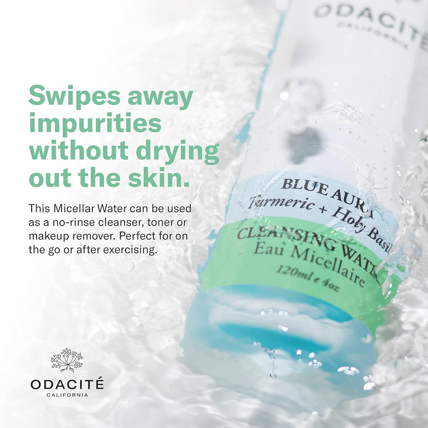 ODACITE Odacité Facial Cleanser with Foam - Blue Aura Cleansing Water Facial Wash with Neem, Holy Basil & Turmeric - No-Rinse Micellar Water Removes Pollution, Impurities & Makeup, 4.0 fl. Oz-FemmiqueWomen