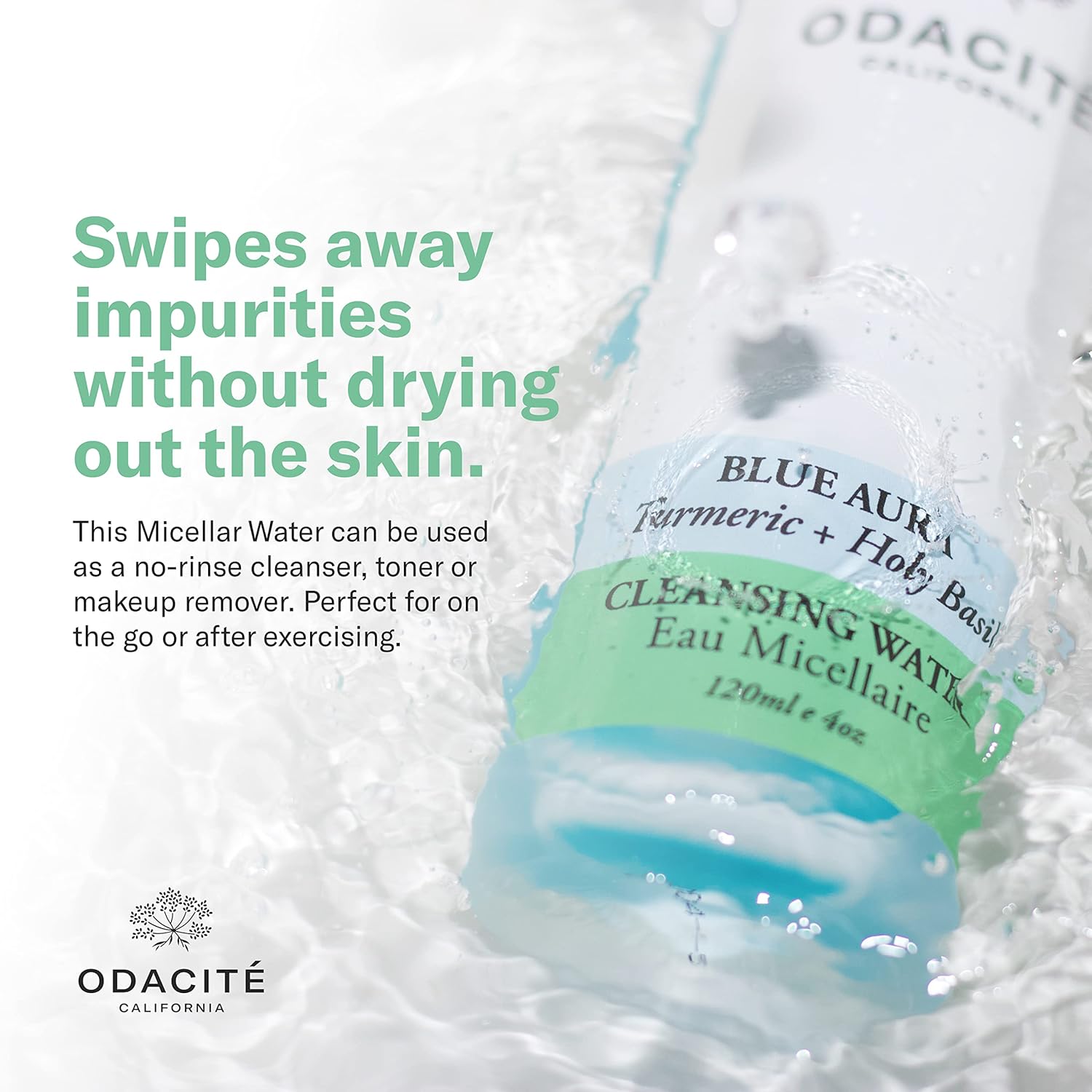 ODACITE Odacité Facial Cleanser with Foam - Blue Aura Cleansing Water Facial Wash with Neem, Holy Basil & Turmeric - No-Rinse Micellar Water Removes Pollution, Impurities & Makeup, 4.0 fl. Oz-FemmiqueWomen