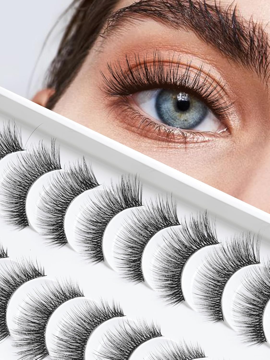 False Eyelashes Cat Eye Lashes Wispy 15mm Strip Eyelashes Thin Band Natural Lashes Fluffy Eyelashes Siligli Lashes Pack Fake Lashes 3D Volume Curly Eyelash 10 Pair-FemmiqueWomen