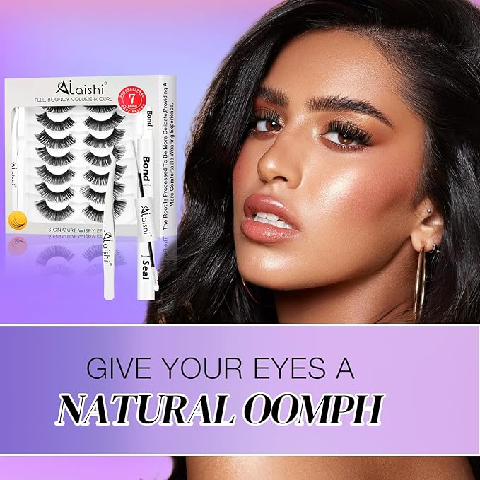 Fluffy False Eyelashes Kit With Bond, Seal and Tweezer, 7 Pairs Natural Look Fake Cat Eye Lashes Strips Thin Band Extensions Waterproof Easy Eyelashes for Beginners DF100-FemmiqueWomen