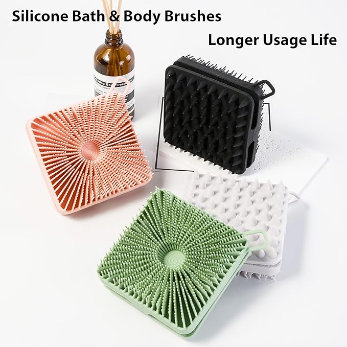 2 PC Silicone Exfoliating Body Scrubber, Silicone Body Shampoo Brush, Soft Silicone Loofah for Sensitive Skin, Shower Silicone Hair Scalp Massager, Easy to Clean, Lather Well(Black&Green)-FemmiqueWomen