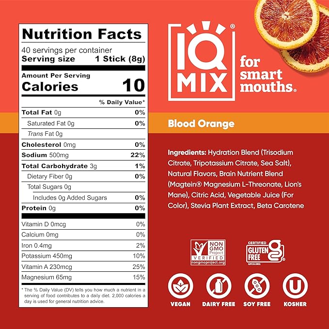 IQMIX Hydration Electrolyte Powder – 4-in-1 Formula for Hydration, Mental Clarity, Mood and Recovery – Sugar-Free Drink Mix, Keto, Magnesium L-Threonate, Lion’s Mane – 40 Count Blood Orange-FemmiqueWomen