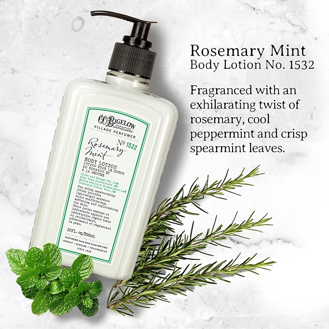 C.O. Bigelow Rosemary Mint Body Lotion, Village Perfumer Moisturizing Body Lotion with Aloe Vera, Borage Oil & Olive Oil, 10 Fl Oz-FemmiqueWomen