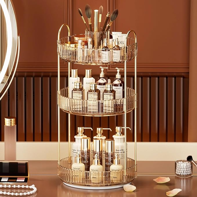 360° Rotating Makeup Organizer, Large-Capacity Skincare Make Up Storage 3 Tier Perfume Organizers Cosmetic Dresser Organizer with Makeup Brush Holder, Fits Bedroom, Bathroom, Vanity Shelf Countertop-FemmiqueWomen
