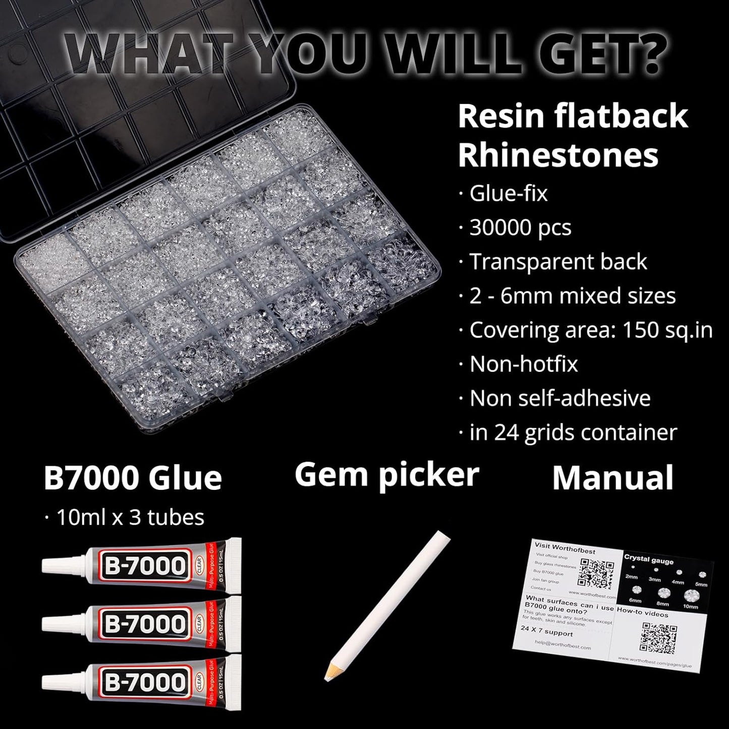 30000Pcs Resin Rhinestones for Crafting Bedazzling, Transparent See-through Clear Flatback Gems Crystal for Crafts Clothing Clothes Shoes Fabric Tumbler, Flat Back Jewels Various Sizes with b7000 Glue-FemmiqueWomen