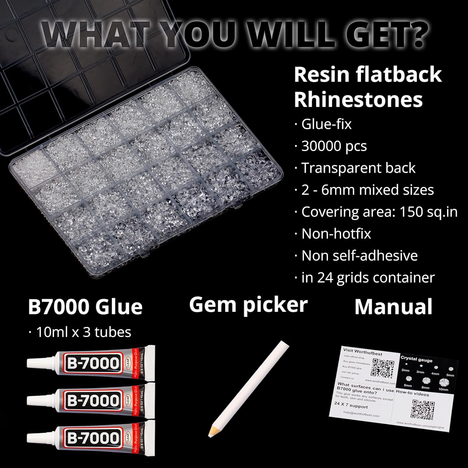 30000Pcs Resin Rhinestones for Crafting Bedazzling, Transparent See-through Clear Flatback Gems Crystal for Crafts Clothing Clothes Shoes Fabric Tumbler, Flat Back Jewels Various Sizes with b7000 Glue-FemmiqueWomen