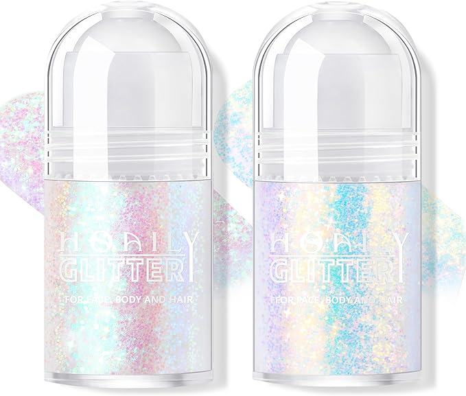 2 Colors Roll-on Body Glitter Gel, Holographic Glitter Gel Under Light for Face Hair, Body Shimmer for Rave Accessories Christmas New Year Halloween Makeup (11+12)-FemmiqueWomen