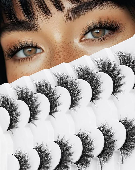 Lashes Cateye Wispy False Eyelashes Volume Flared Mink Eyelash Strip Lashes Soft Cat Eye Lash Natural Pack 7 Pairs Everyday 17MM D74-FemmiqueWomen