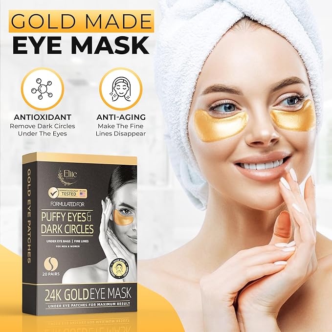 24k Gold Eye Mask - Under Eye Patches for Dark Circles, Puffiness, and Wrinkles - 20 Gold Eye Patches for Puffy Eyes with Collagen and Amino Acids for Intense Hydration and Firming-FemmiqueWomen