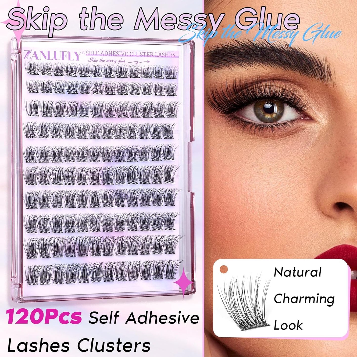 Self Adhesive Cluster Lashes Natural No Glue Eyelash Clusters Self Adhesive Individual Lashes with Clear Strips 10-16MM Wispy DIY Eyelash Extensions by ZANLUFLY-FemmiqueWomen