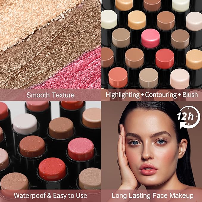 3 Pcs Face Contour Stick Kit, Matte Finish Face Stick Trio with Bronzer Blush Highlighter and Brush, Long Lasting Waterproof Cream Beauty Wand Makeup Set for Sculpt Glowing Face Look (#1, 8, 13)-FemmiqueWomen