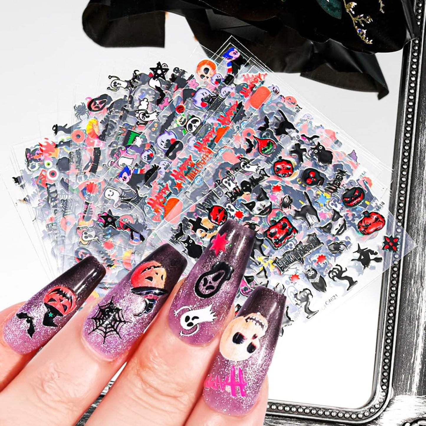 30 Sheets Halloween Nail Stickers 3D Self Adhesive Halloween Nail Decals Ghost Spider Nail Art Stickers Pumpkin Bat Nail Design Nail Art Supplies for Acrylic Nails Decorations for Women-FemmiqueWomen