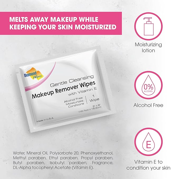 Diamond Wipes Face Cleansing and Waterproof Makeup Remover Wipes, Case of 250 Wipes, Alcohol Free Wipes with Vitamin E-FemmiqueWomen