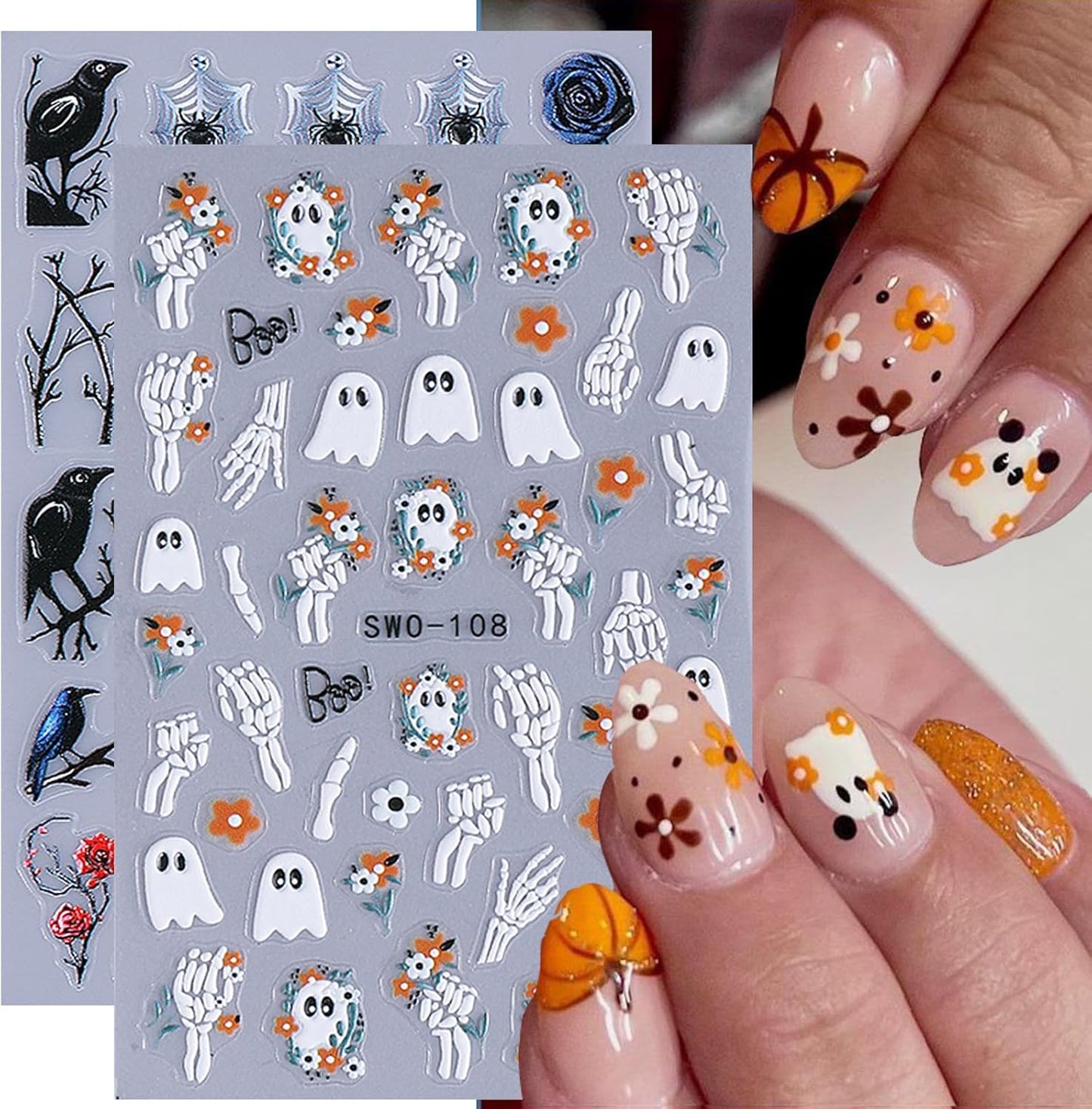 2 Sheets Halloween Nail Art Stickers Decals 5D Embossed Skeleton Rose Nail Decals Black Birds White Ghost Flower Skull Rose Design Halloween Nail Stickers Manicure Accessories for Women Nail Art Decor-FemmiqueWomen