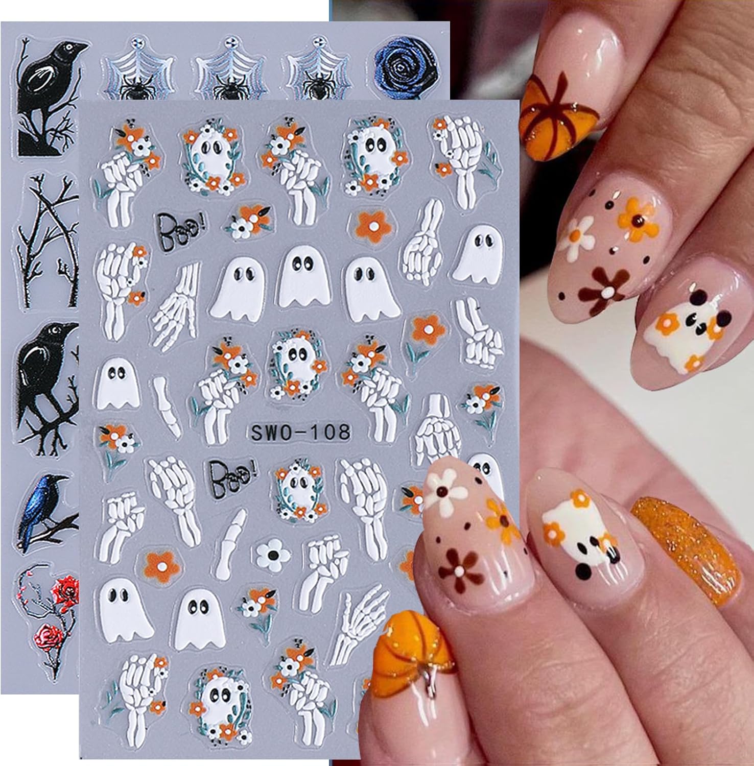 2 Sheets Halloween Nail Art Stickers Decals 5D Embossed Skeleton Rose Nail Decals Black Birds White Ghost Flower Skull Rose Design Halloween Nail Stickers Manicure Accessories for Women Nail Art Decor-FemmiqueWomen